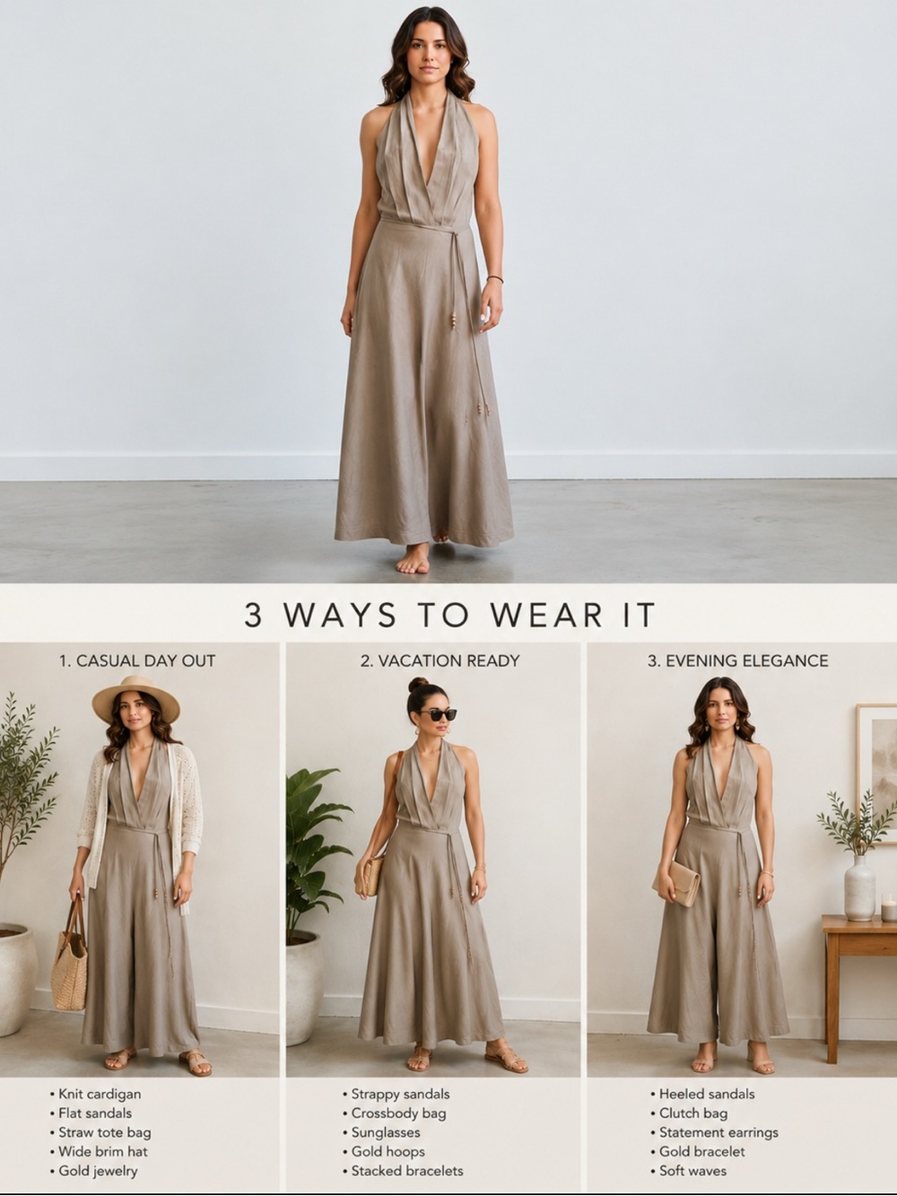 ZARA Draped Halter Maxi Dress Taupe Brown Open Back Size S